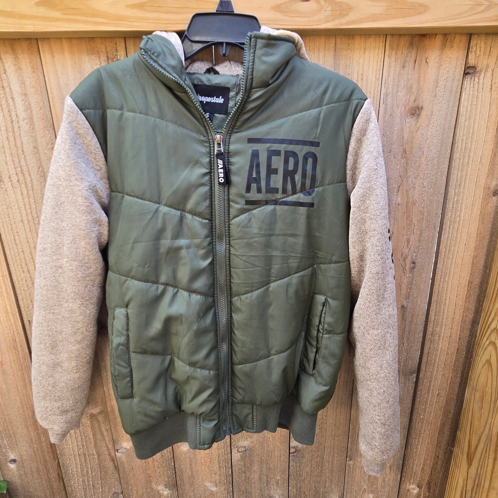 Aeropostale Mens Puffer Jacket Green Hooded Mixed Media Coat Small Y2K